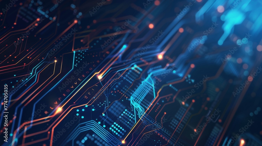 Poster computer circuit board with blue and red lights