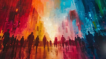 A painting of a city street with a large group of people walking down it. The painting is in bright colors and has a feeling of chaos and movement