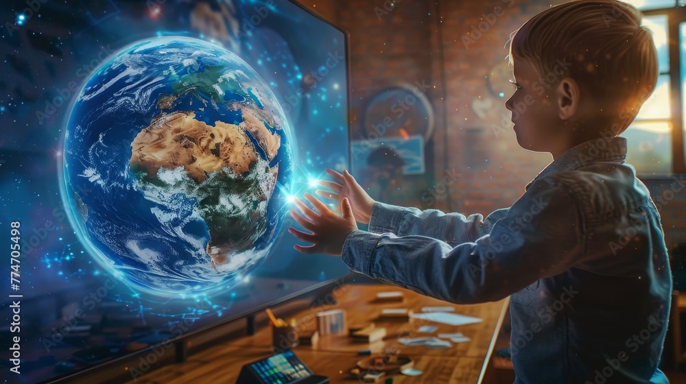 Poster a young boy is playing a video game that shows a planet. he is touching the screen and interacting w