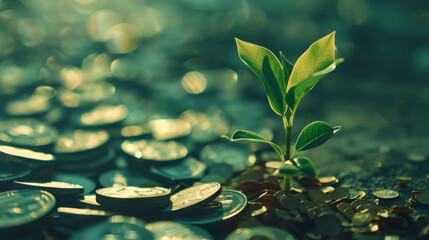 A tender shoot represents financial growth, life, and potential amidst scattered coins, softly illuminated by natural daylight - obrazy, fototapety, plakaty