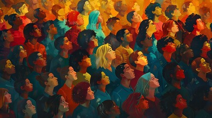 A painting of a crowd of people with a woman in the middle. The painting is full of color and has a lively, energetic feel to it - obrazy, fototapety, plakaty