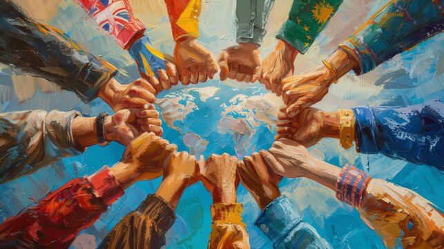 A painting of people holding hands in a circle with the words "United" written in the center