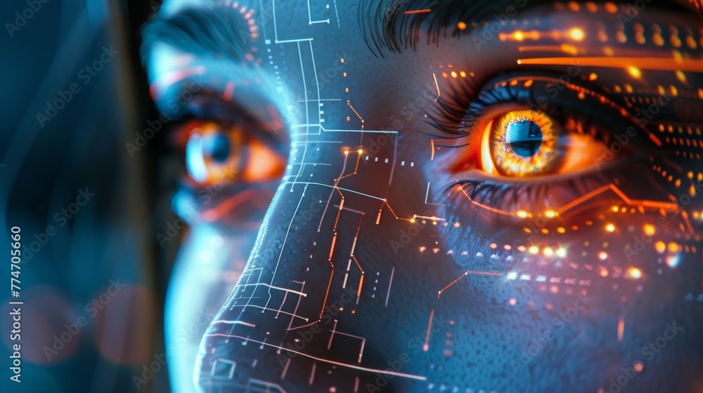 Aufkleber close up of persons face with futuristic interface in background