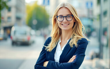 Portrait of a smiling businesswoman with glasses standing with her arms crossed on the street, looking at camera, blurred background.