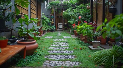 A garden path with a variety of potted plants and flowers. The path is lined with potted plants of different sizes and colors, creating a vibrant and lively atmosphere