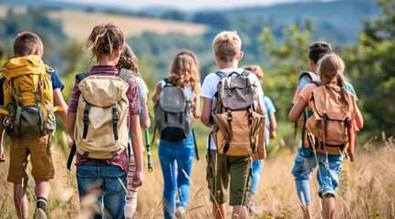 Group of children hiking together in the countryside, wearing backpacks, enjoying summer day, back view.