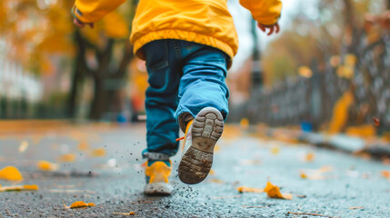 A child running in the street in autumn, closeup of the foot and running shoes,  legs in motion, yellow trees and leaves around, .