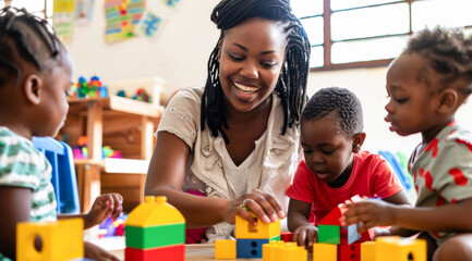 A smiling black woman teacher playing with small children in the kindergarten, building colourful blocks at the table.