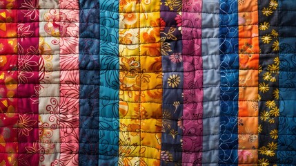 A quilt made of many different colored pieces of fabric. The colors are bright and the pattern is very intricate