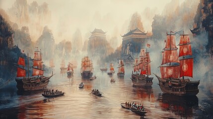 A painting of a large group of boats on a river with a foggy atmosphere. The boats are of various sizes and are sailing in different directions - obrazy, fototapety, plakaty