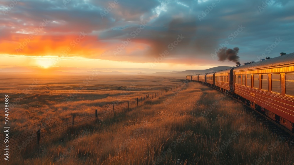 Poster a train is traveling through a field with a sunset in the background. the train is yellow and black 