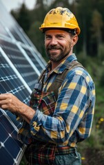 Image of technician or engineer installing solar panels looking at camera and smiling at the camera.