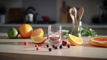 juice in a glass with fruits and vegetables on a wooden table. AI-Generated Free Photo
