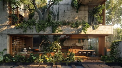 A house with a lot of greenery and plants, including a tree growing out of the wall