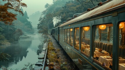 A train with a steam engine and a dining car. The train is on a track next to a river - obrazy, fototapety, plakaty