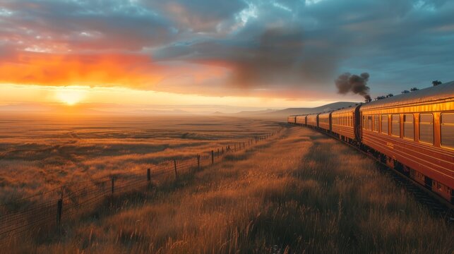 A train is traveling through a field with a sunset in the background. The train is yellow and black and is the only thing visible in the image