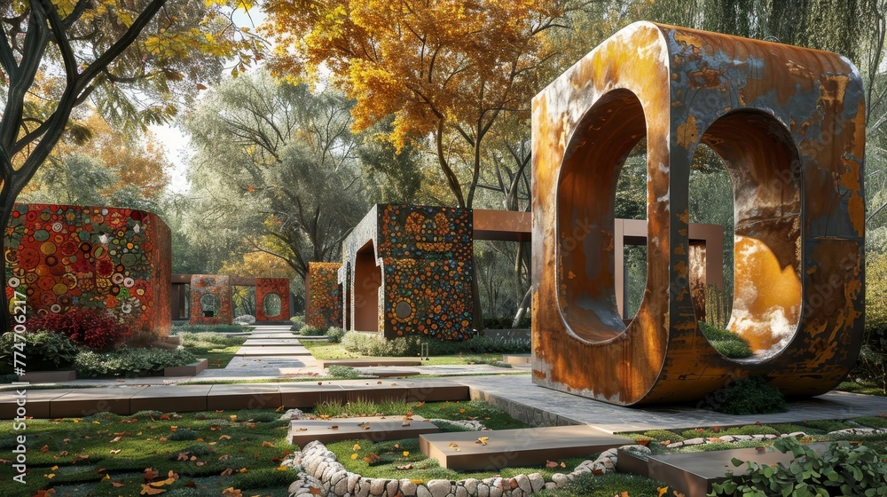 Aufkleber a park with a series of sculptures and a large, open space. the sculptures are made of metal and are