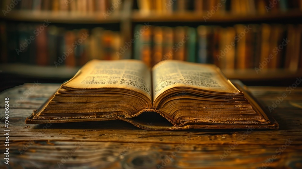 Poster a book is open on a table with a shelf behind it. the book is old and has a yellowish tint. the shel