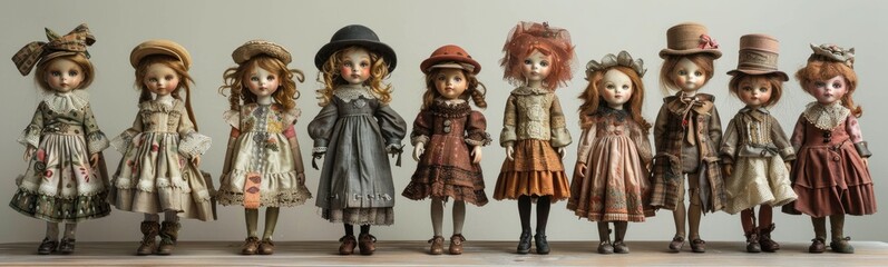 Set of various vintage porcelain dolls in line isolated on white background. Copy space. - obrazy, fototapety, plakaty