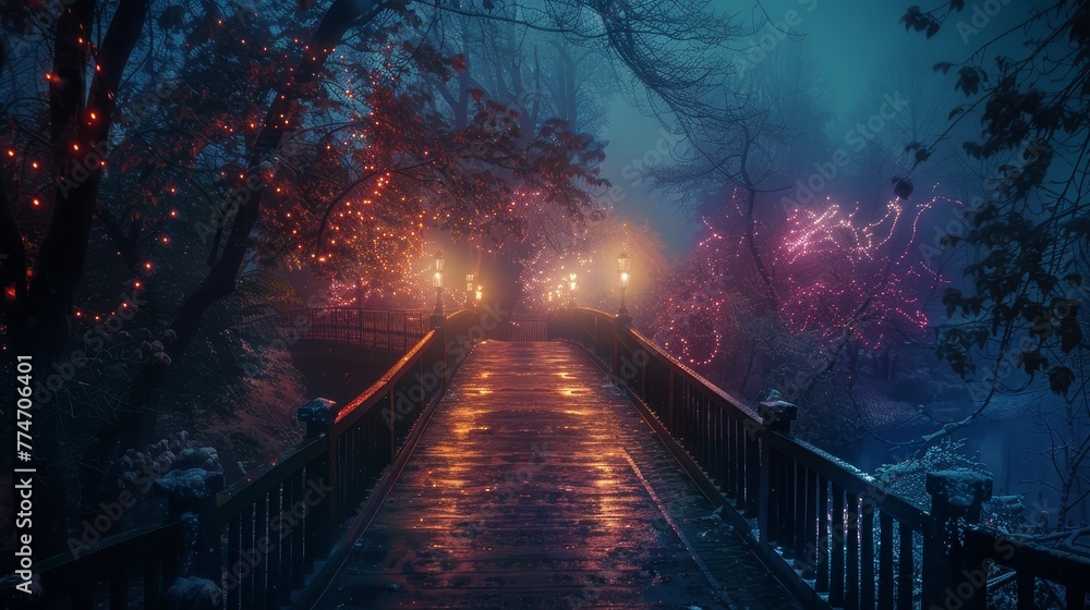 Poster a bridge over a river with a dark sky and lights on the trees. the lights on the trees create a warm