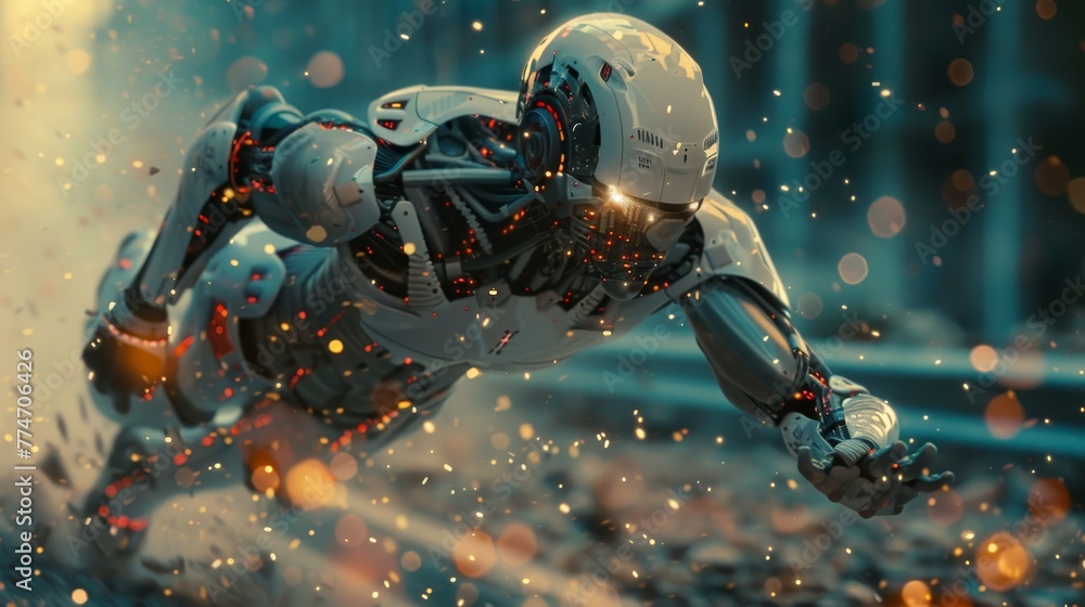 Poster a robot is flying through the air with a lot of sparks around it. the robot is wearing a white helme