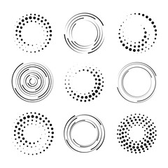 Set of black thick halftone dotted speed lines. Speed lines in the shape of a circle. Geometric art. Design element for frame, logo, tattoo, web pages, prints, posters, template, abstract vector backg
