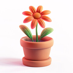 Cute green plants blooming in flower pot 3D illustration, gardening home concept element