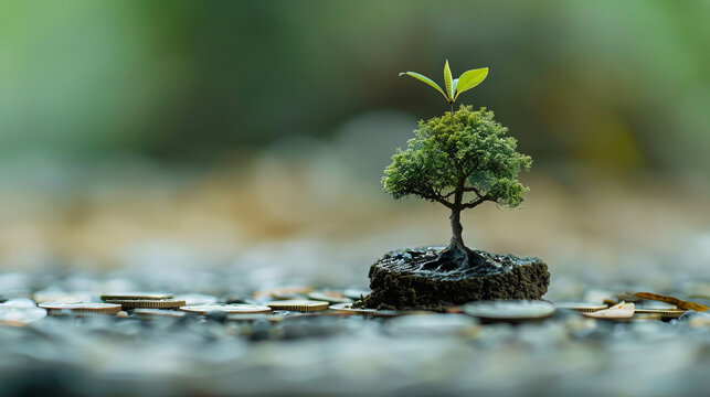 A miniature tree atop a soil mound surrounded by coins portrays the concept of sustainable investment or financial growth over time