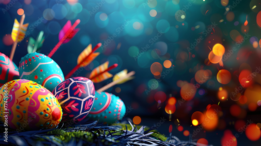 Poster abstract colorful easter eggs with arrows on a dark background