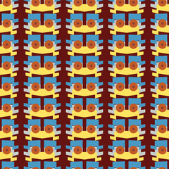 Antique geometric Mayan masks blue, yellow, brown on dark brown background seamless pattern, fabric, print, textile, packaging, web