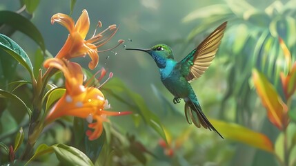 Fototapeta premium A photo of a tropical hummingbird in the rainforest dense foliage 
