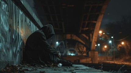 Homeless man prepare to spend the night under a bridge - obrazy, fototapety, plakaty