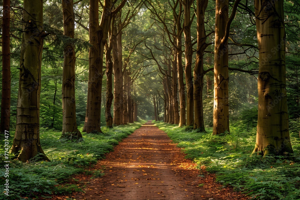Aufkleber autumnal pathway through a forest of tall trees generative ai