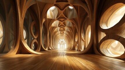 Wooden modern pergola style tunnel in contemporary interior