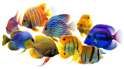 A vibrant school of colorful fish in various hues swimming gracefully in a tank