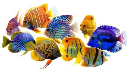 A vibrant school of colorful fish in various hues swimming gracefully in a tank