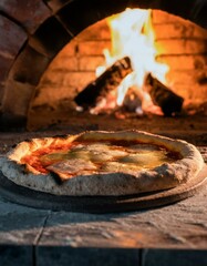 An artisan pizza with vibrant toppings baking in a brick oven, the fire glowing in the background, highlighting the bubbling cheese and charred crust edges