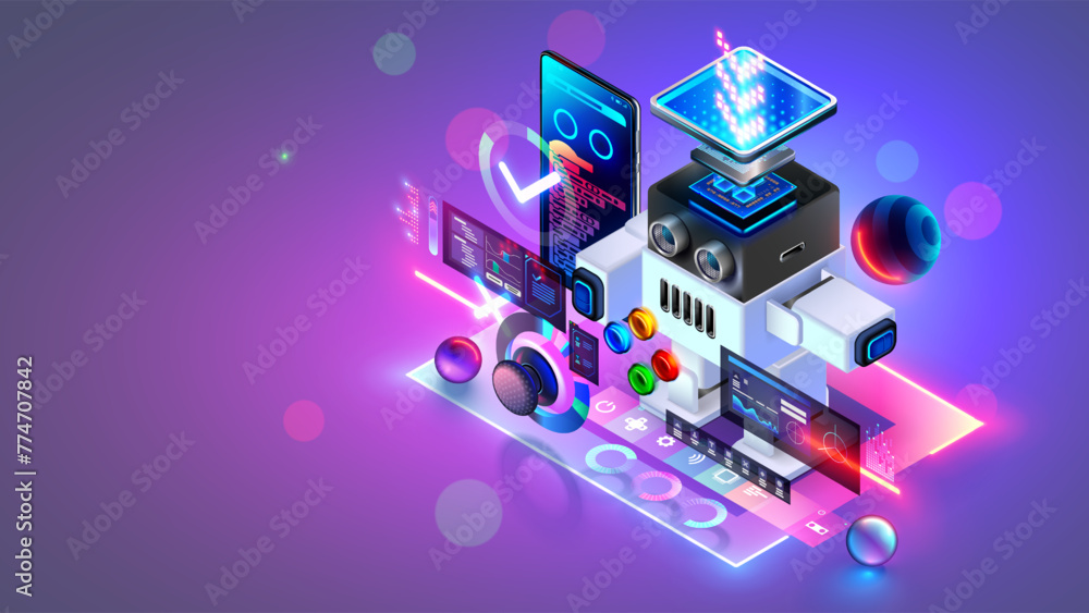 Fototapete Kids robototechnics education concept. Robot with chip arduino and scratch programming for kids. Humanoid toy robot construction and coding in online school. Children AI robototechnics online courses