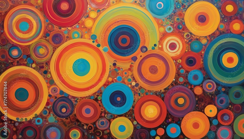 Poster vivid circular patterns evoke the harmonious orbital paths of celestial bodies, presented in an expl