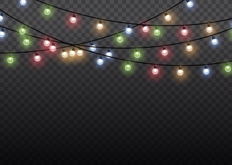 Garlands decorations. Colorful glow light lamp on wire strings isolated transparent background....