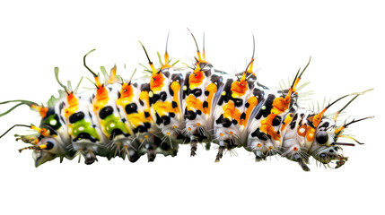 Obraz premium A vibrant, multicolored caterpillar crawls gracefully on a pristine white backdrop