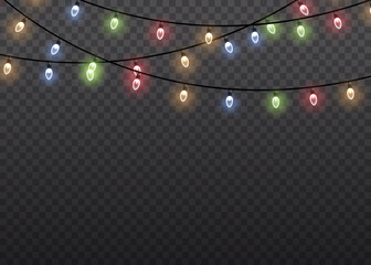 Garlands decorations. Colorful glow light lamp on wire strings isolated transparent background. Christmas lights isolated realistic design elements. Christmas glowing garland.