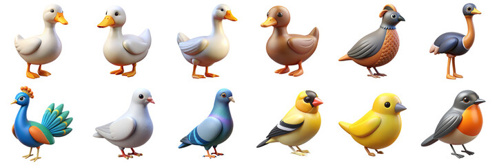 Birds 3D icons. Illustration of ducks, mallard, peacock, pigeon, goldfinch, partridge, robin