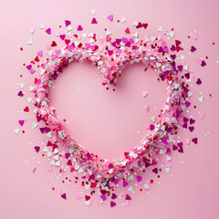 heart shaped confetti with heart hole shape isolated on pink color background, Composition with copy space