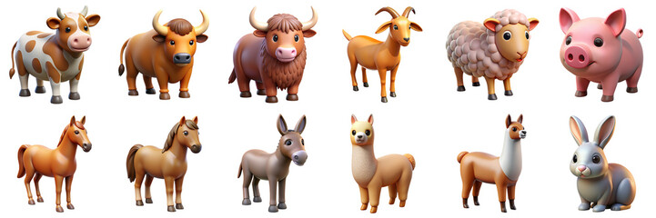 Fototapeta premium Farm Animals 3D icons. Illustration of cow, bull, goat, sheep, pig, horse, donkey, alpaca, rabbit