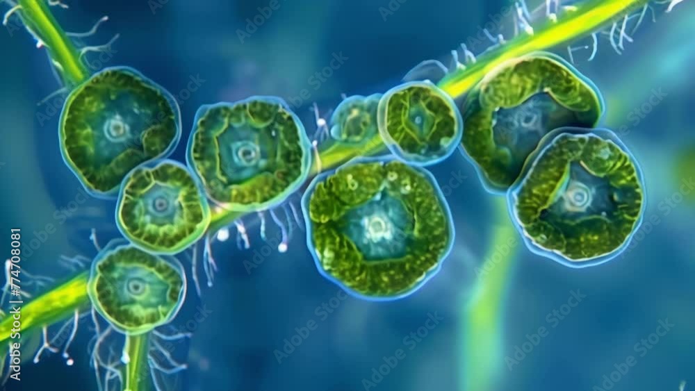 Poster a microscopic view of a cyanobacteria cell undergoing the process of nitrogen fixation. inside the c