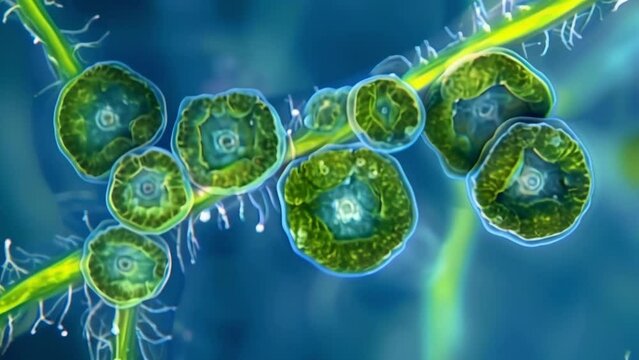 A microscopic view of a cyanobacteria cell undergoing the process of nitrogen fixation. Inside the cell nitrogenase enzymes are converting . AI generation.