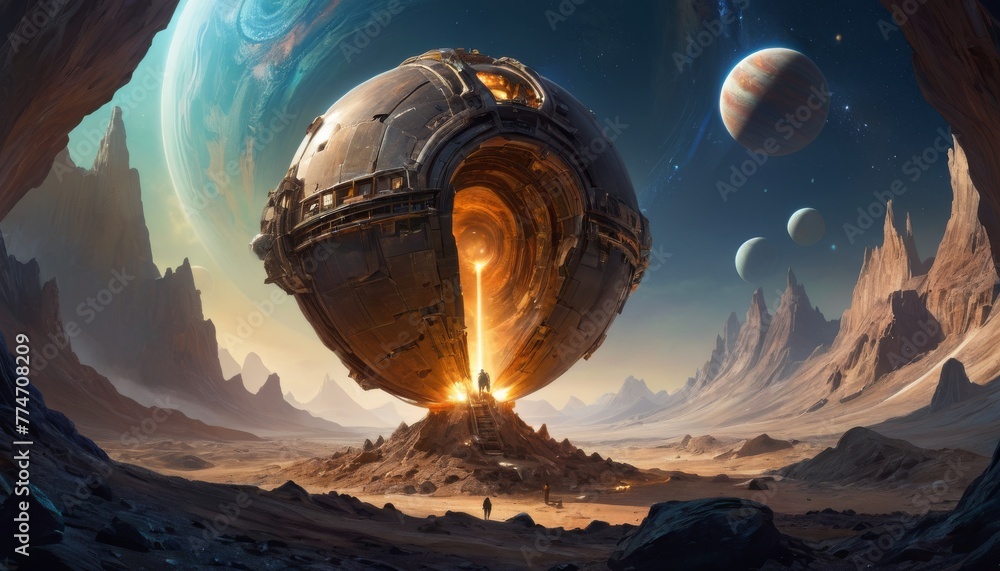 Poster a colossal, ancient spherical structure emits a radiant glow from its core on a barren alien landsca