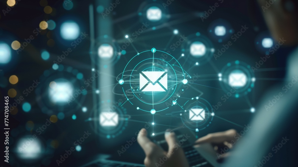 Poster a person is using a computer with an email icon on it, ai