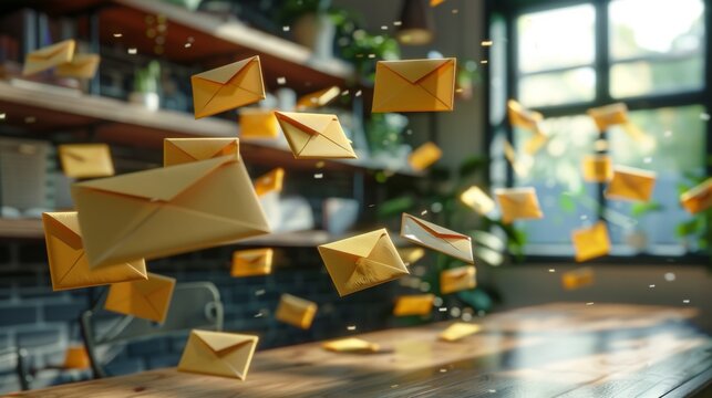 A bunch of yellow envelopes are flying out from a table, AI
